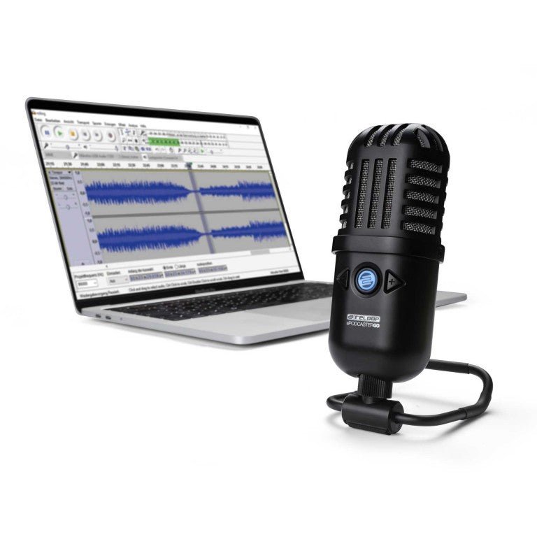 A portable Reloop sPodcaster Go USB microphone, designed for clear voice recording for streaming, gaming, and online content.