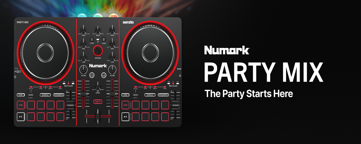 Numark Party Mix III DJ controller shown on a black background with colorful light streaks at the top and white text reading 'Numark PARTY MIX III The Party Starts Here'.