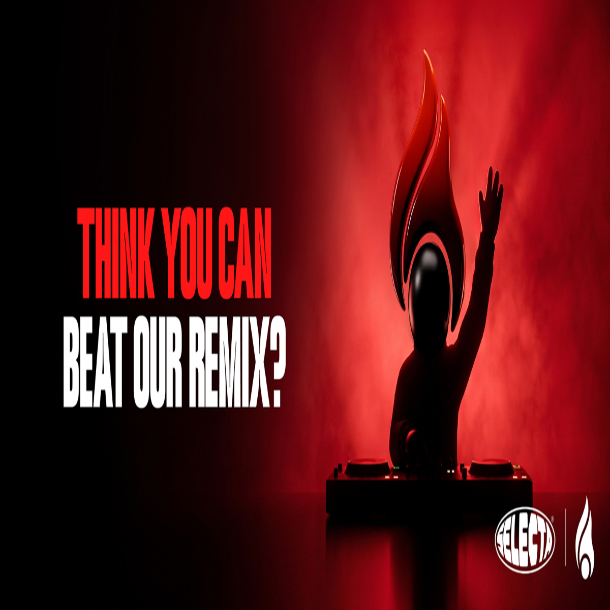 Promotional graphic with the text 'THINK YOU CAN BEAT OUR REMIX?' in red and white over a dark red and black background. A stylized DJ silhouette with a flame-shaped head stands at turntables, and the brand/logo 'RELEAF' appears in the lower right.