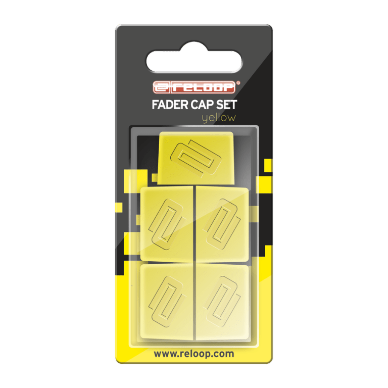 A set of five bright yellow plastic fader caps from Reloop, designed for DJ mixers and controllers.